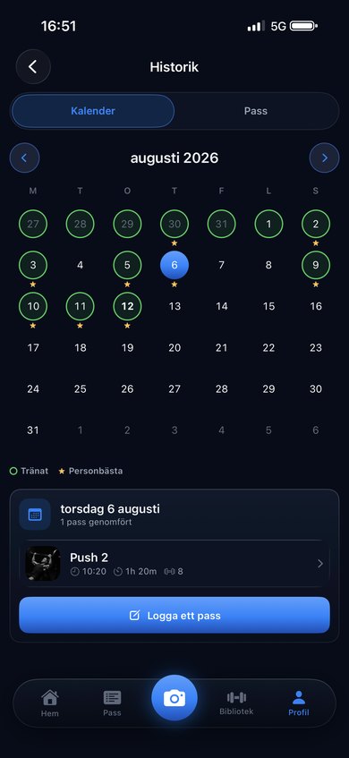 The history calendar with rings marking completed workouts and stars marking personal bests