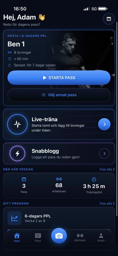 The KBK Workout home screen showing the next workout in a six-day program