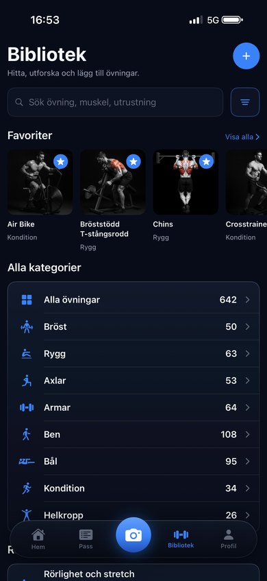 The exercise library showing favourites and categories by body part