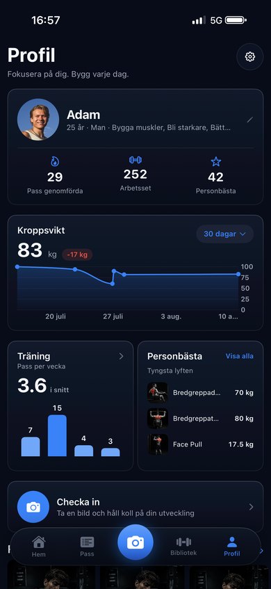 The profile screen showing sessions completed, working sets, personal bests and a body weight chart